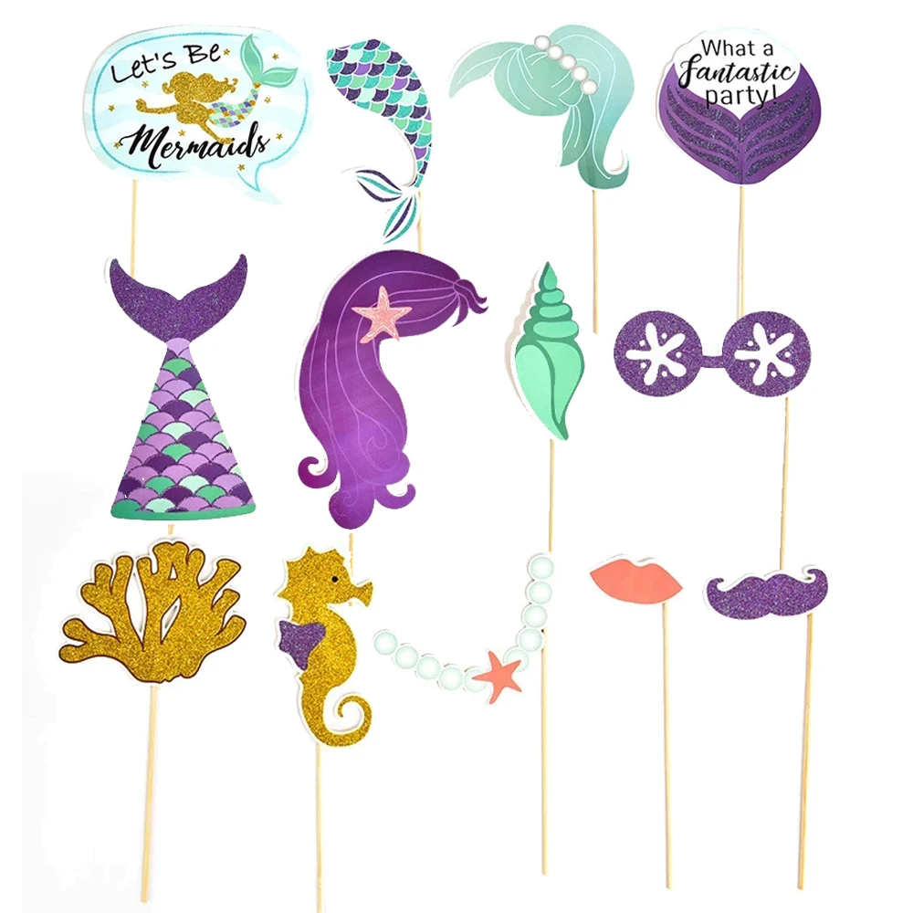 

22Pcs Mermaid Birthday Party Happy Birthday Photo Props Decorations for Girls Little Mermaid Decor Supplies sm07