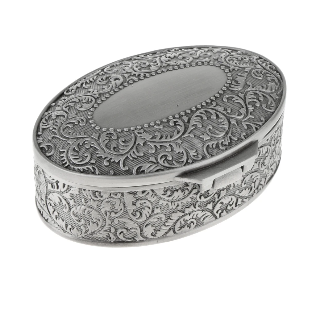 

Oval Jewelry Box Trinket Container Vintage Ring Case with Flower Engraved 10 X 7.5 X 3.5cm