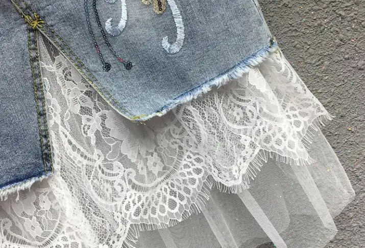 

Korean Spring Summer Womens High Waisted Tassel Lace Patchwork Embroidery Sequined Flower Denim Skirt , Woman Jeans Skirts