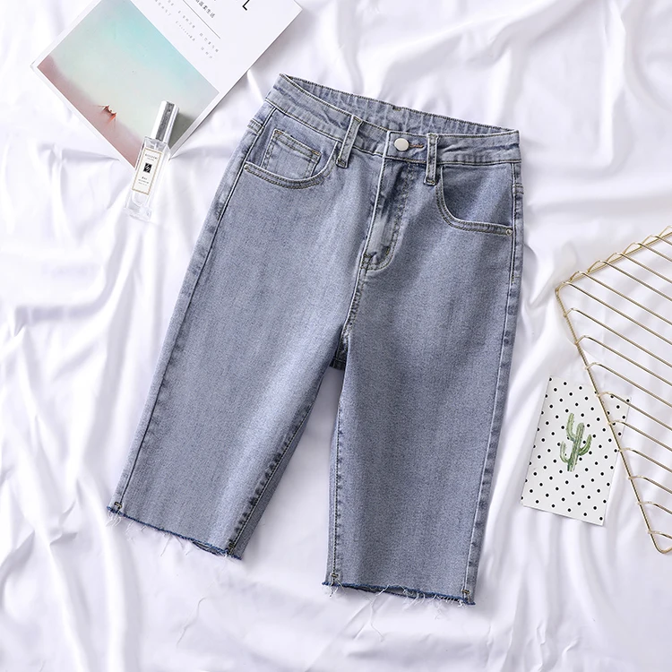 

Woman High Waist Elastic Light Blue Black Solid Straight Short Denim Pants Woman Chic Korean 2021 New Summer Half Short Jeans