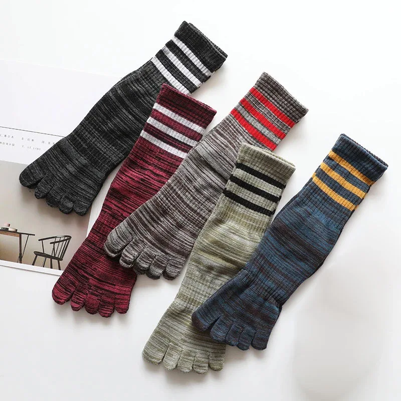5 Pairs Large Size Harajuku Five Finger Socks Men Boy Pure Cotton Striped Long Socks Fashion Mid Calf Socks with Toes Size 40-46