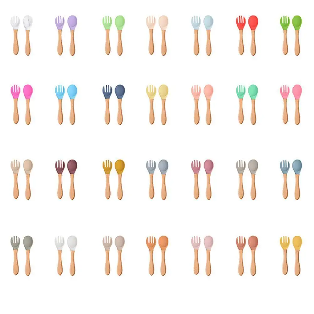 

Two-piece Spoon Fork With Wooden Handle Children's Silicone Spoon Fork Wooden Handle Cutlery Baby Training Food Supplement Spoon