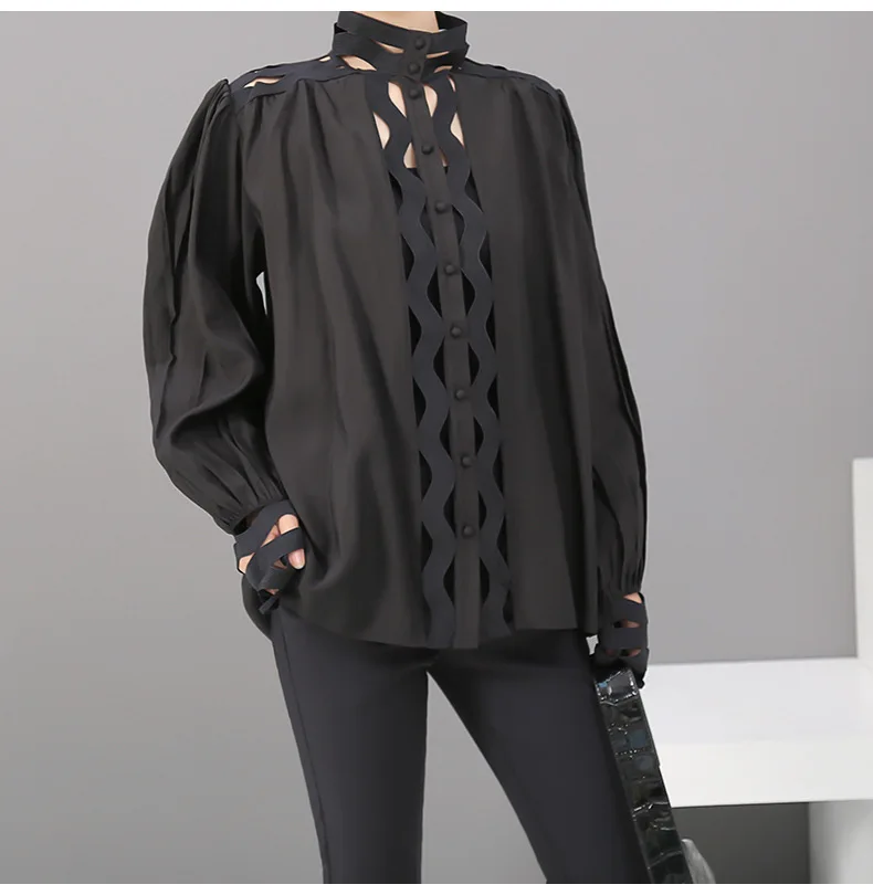 Max LuLu/модные корейские женские топы в стиле панк, хлопковые блузки, осенние женские сексуальные рубашки с дырками, Безразмерные с высоким воротом, свободная одежда