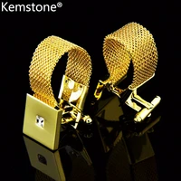 kemstone luxury gold color mesh cufflinks with crystal mens cuff links for wedding wholesale jewelry gift