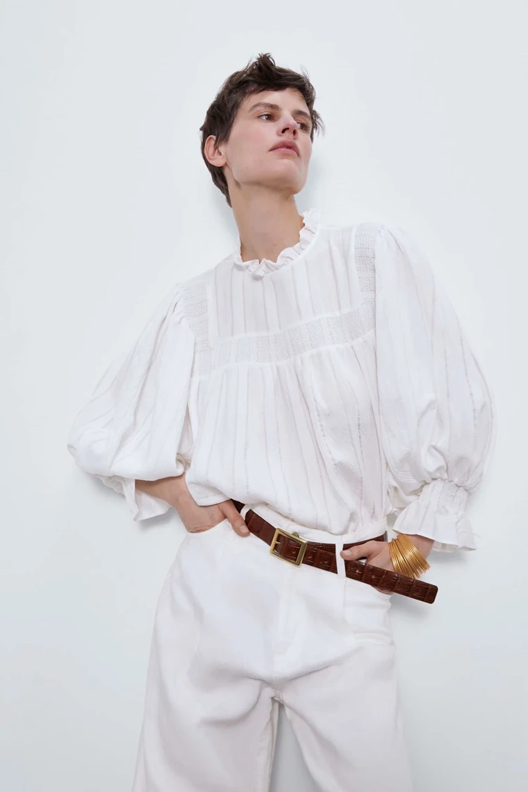 

OLOMM Elegant Long Sleeve Women's Shirt Spring New Solid Ruffled Collar Lantern Sleeves White Shirt Casual All-Match Tops Female