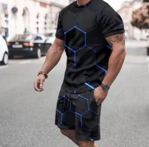 

Костюм мужской с принтом в виде сот, модная футболка с короткими рукавами, повседневный топ в стиле Харадзюку, спортивный костюм, 2 предмета