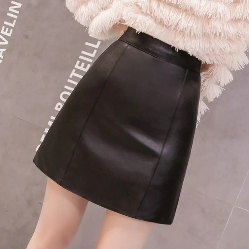

Fashion PU Leather Half Length Skirts Female Autumn And Winter High Waist A Line Skirt Anti-Glare Bag Hip Short Skirt Jupe Femme