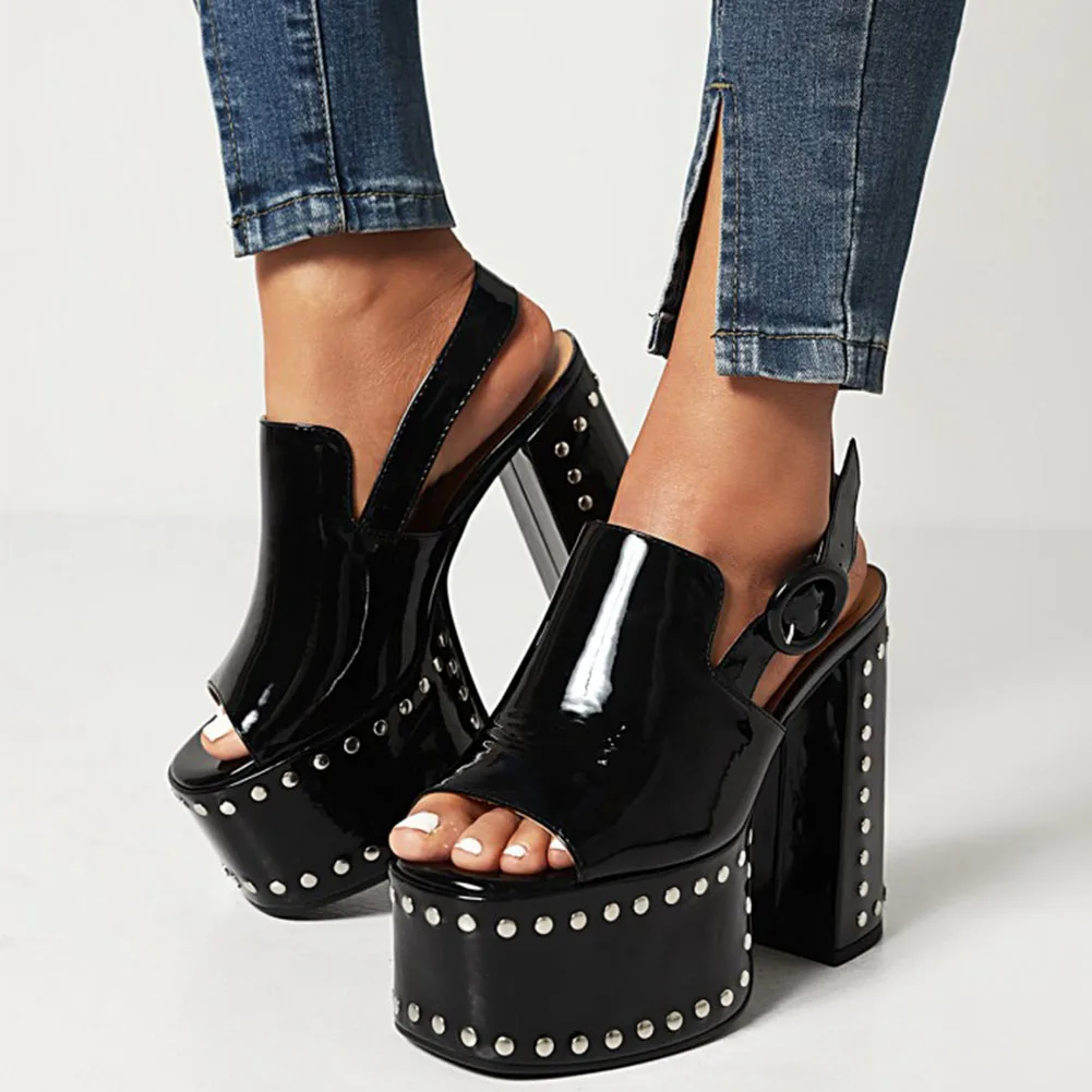 

GIGIFOX Goth Block High Heels Platform Rivets Fashion Chunky Shoes Women's Summer Sandals Big Size 43