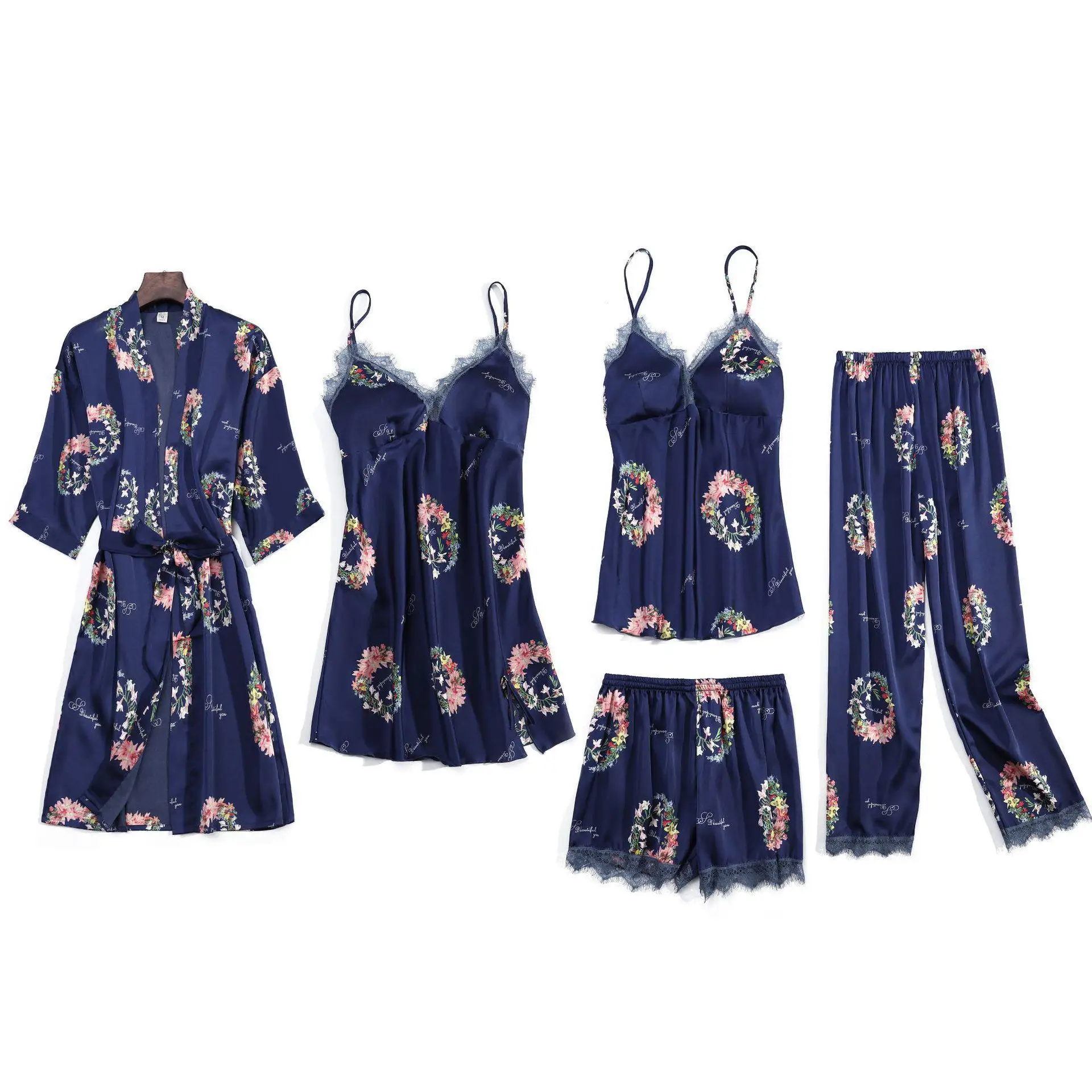 

V-Neck Sexy Pajamas Satin 5PCS Sets Women Outfits Flower Pyjamas Pour Femme Sleepwear Summer Robe Kimono Bath Gown Lingerie