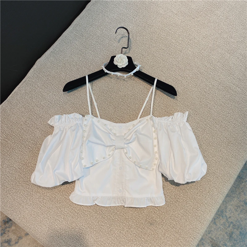 2021 Summer Korean Western Style Sweet Style Bead Edge Bow Suspenders Off-the-Shoulder Short Sleeve Chiffon Shirt Top