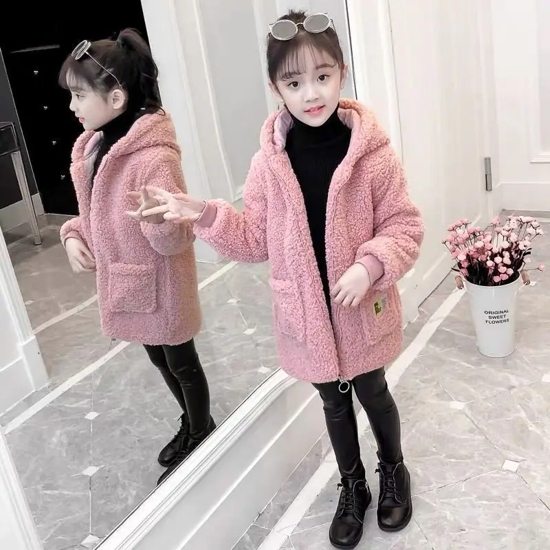

Fall Winter Kids Girls Plush Outwear Jackets Clothes Children Hoodies Lamb Fluffy Coat Teenagers Thick Warm Tops Zipper Clothing