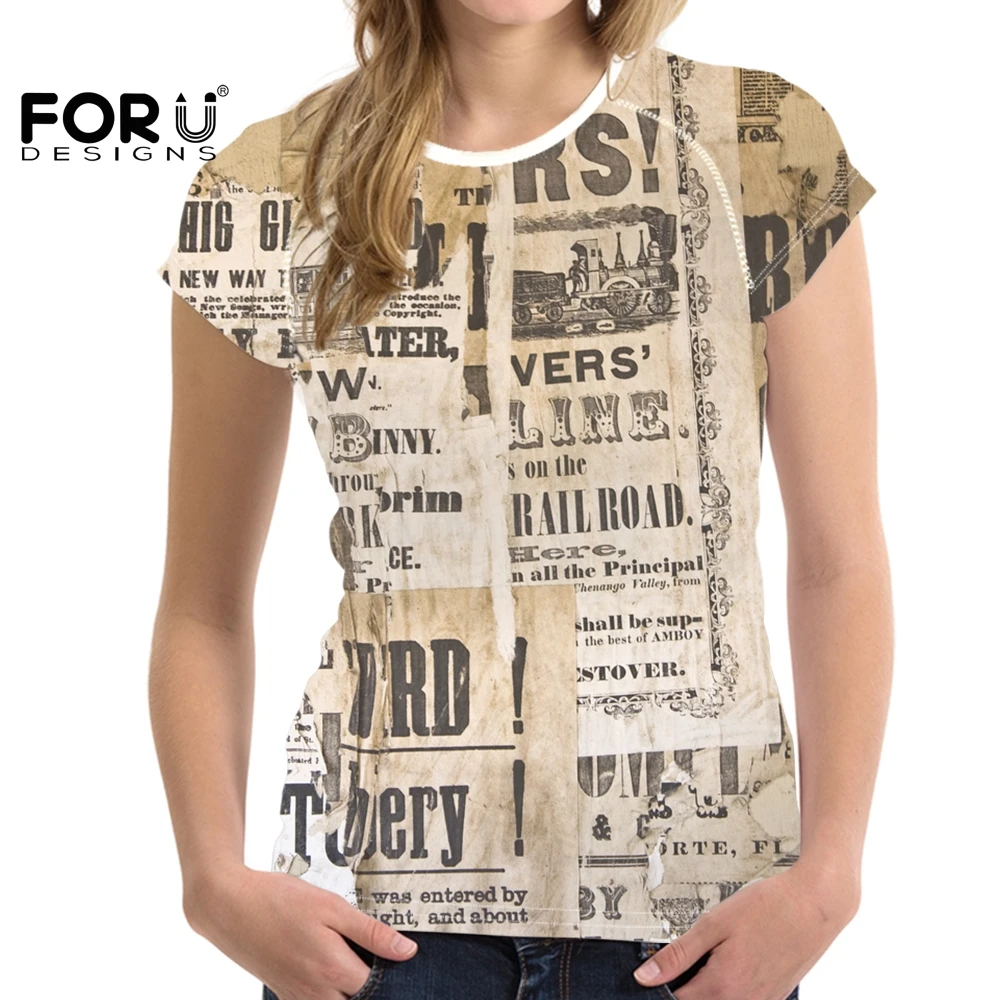 FORUDESIGNS/футболка с короткими рукавами для женщин 2019 газетный рисунок творчества