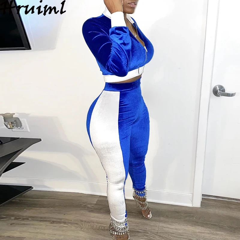 

2 Piece Sets Womens Outfits Autumn Winter Fashion Color Matching Long Sleeve Top Casual Pencil Trousers Suit Velour Tracksuit
