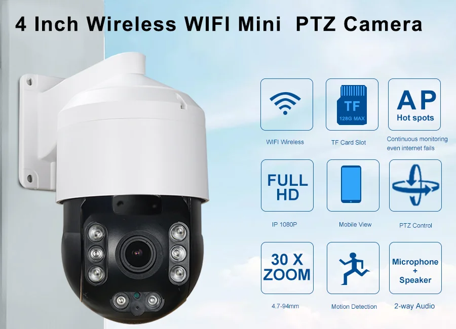 H.265 мини WI-FI PTZ Камера IP 1080P Беспроводной IP Камера 360 Вращение 2MP 30X зум 2-полосная аудио P2P мобильный вид SD слот звездного неба