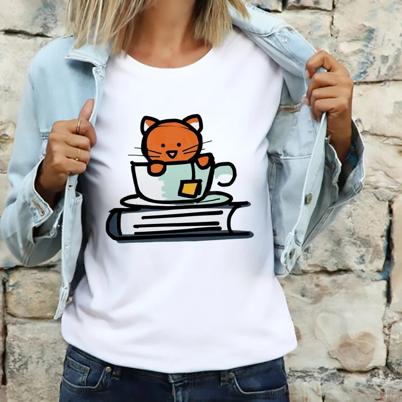 

Милая футболка Kawaii Cat с круглым вырезом для отдыха мягкая одежда для женщин аниме графический принт Женская футболка винтажная женская одеж...