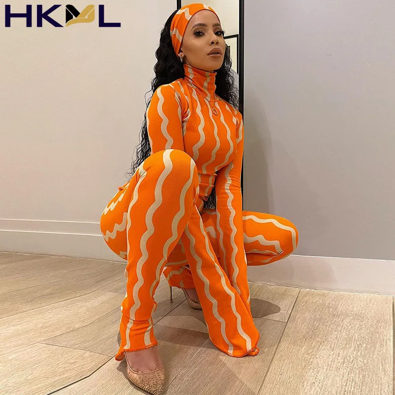 

Women Turtleneck Slim Pullovers Tee Shirts + High Waist Leggings Pencil Pants Outfits Stripe Print Two Piece Set Tracksuits