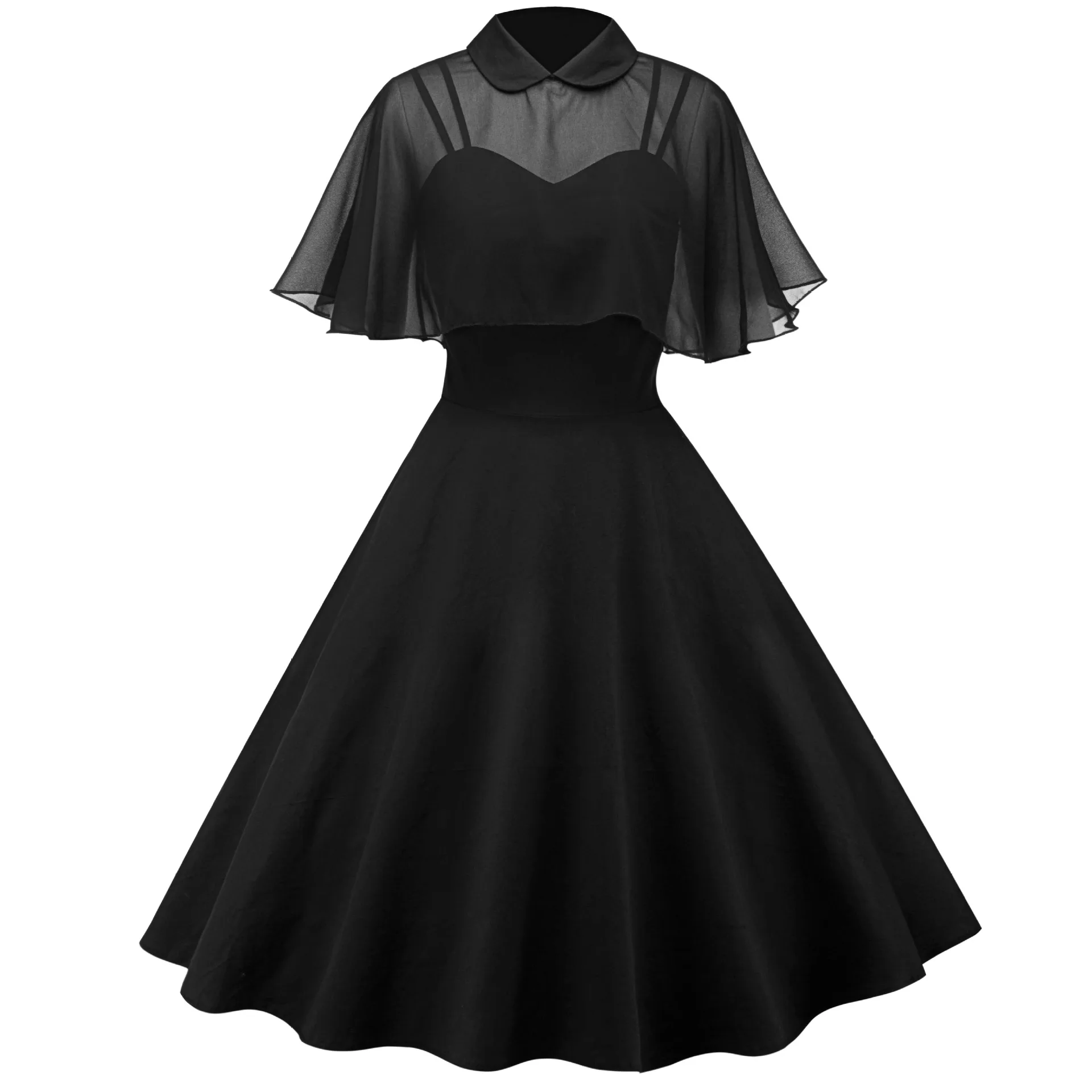 Rockabilly Vintage Two Piece Black Dress Chiffon Cape A Line Pin up Dresses Women Cloak Sleeves Party Midi Dress