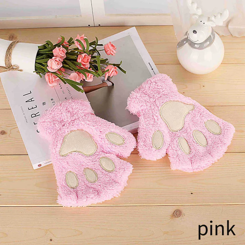 pink Женские милые кошачья лапа с когтями, плюшевые варежки, зимние теплые толстые перчатки без пальцев, мягкие перчатки с когтями медведя, перчатки с когтями на пол пальца, варежки с когтями - Цвет: pink