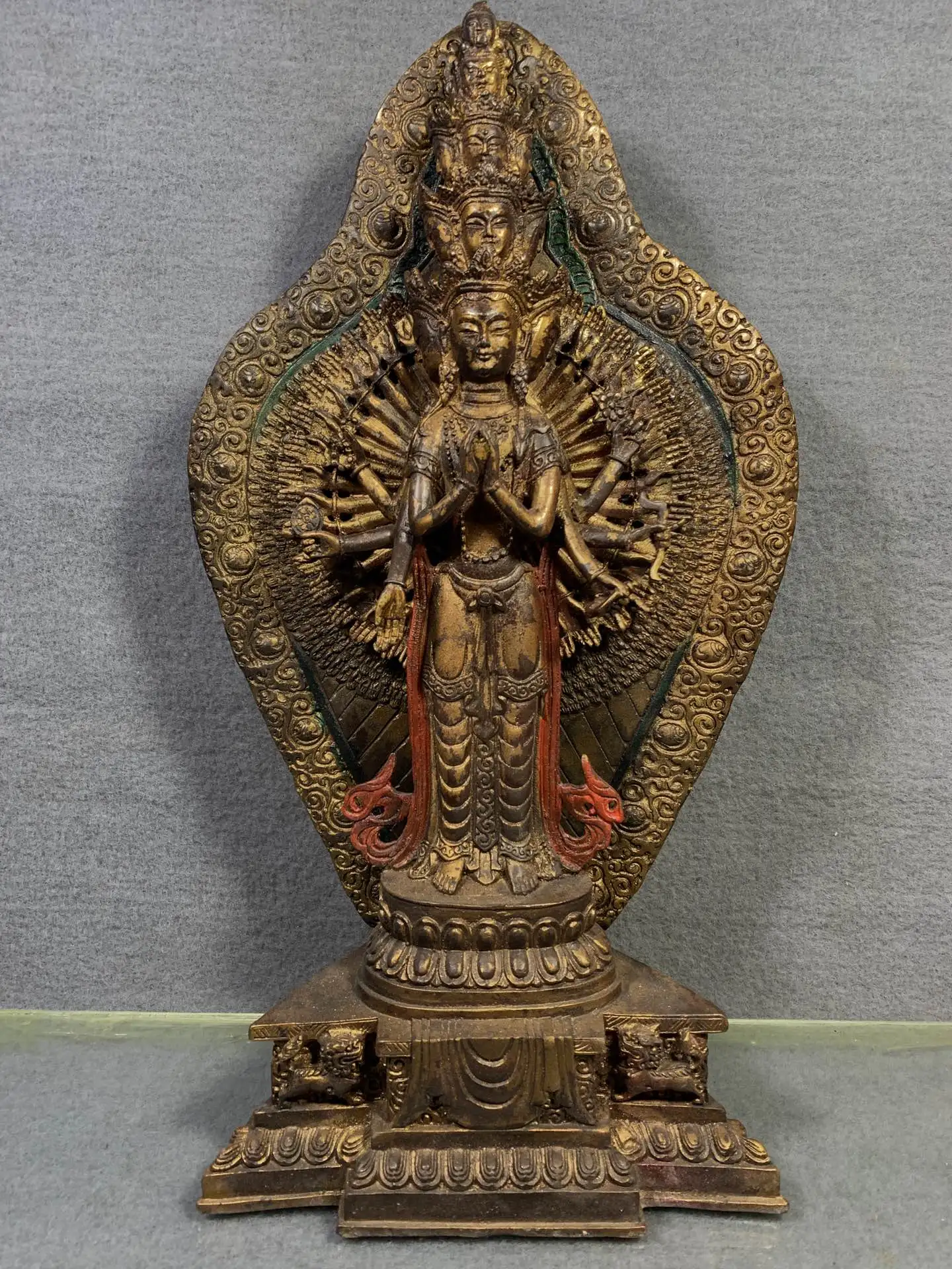 

15" Tibet Buddhism Old Bronze Lacquer Cinnabar Thousand-Hand Guanyin Bodhisattva Backlit standing buddha Avalokitesvara Amitabha