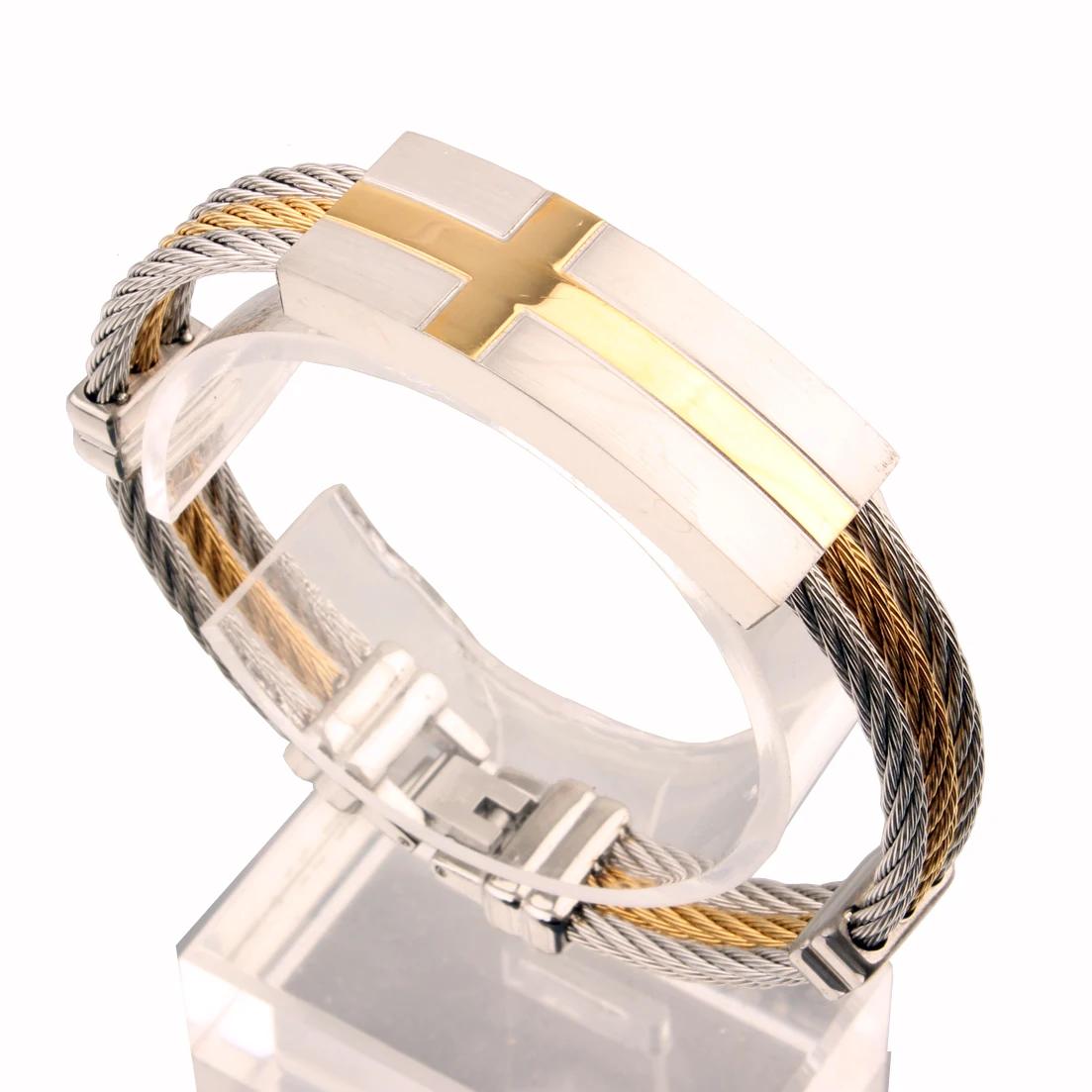 

Granny Chic 16mm Gold Stainless Steel Bracelet Bangle Cross Pattern 3 Rows Wire Cable Punk Jewelry Christmas Gift 19.5cm