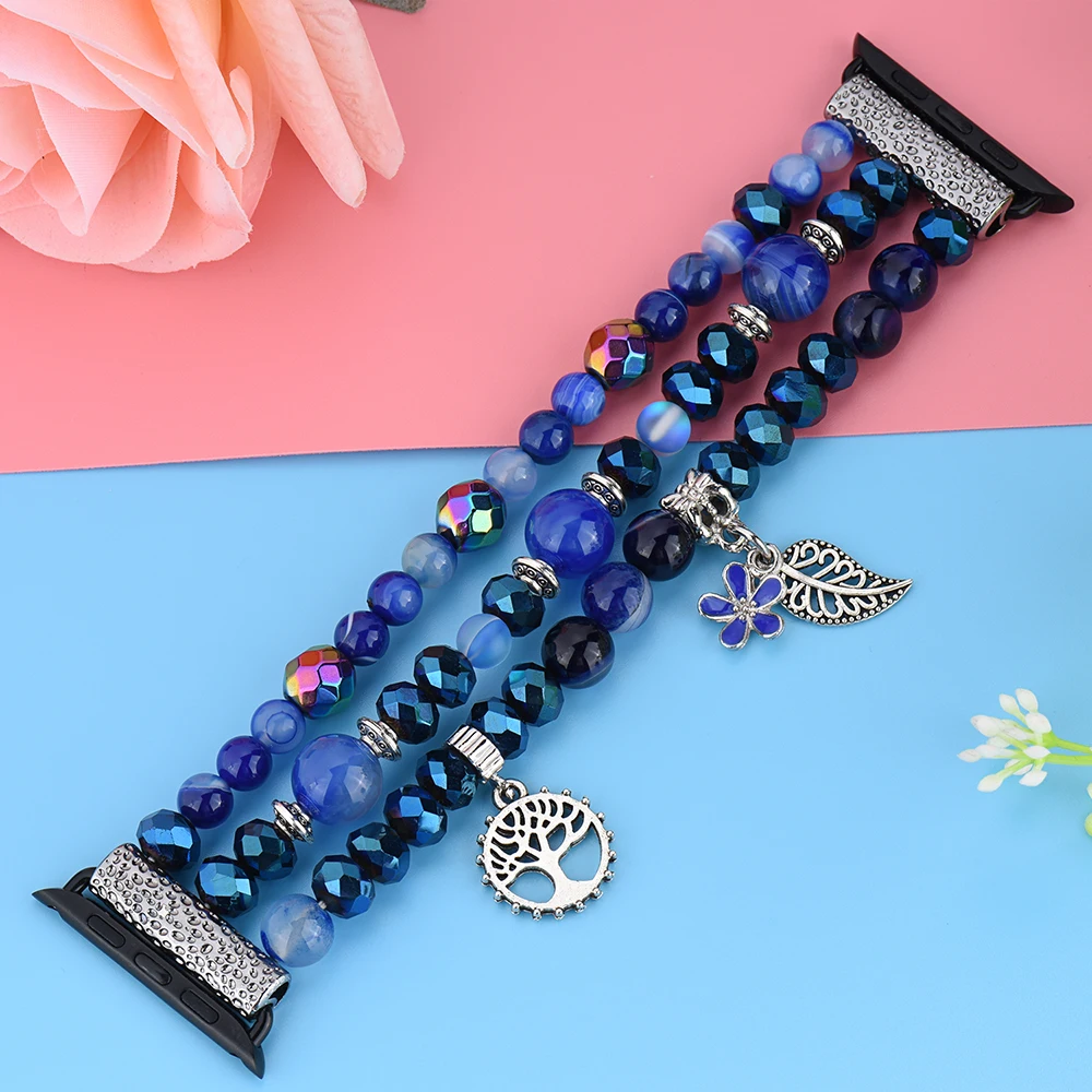 

Woman Bracelet for Apple Watch Bands iWatch 6 5 4 3 38 44 mm 40mm 42mm Strap Wristbands Girls Crystal Jewelry Blue Beads Dressy