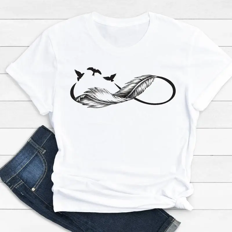 

Women Clothes Cartoon Feather Watercolor 2021 New Cute Summer Print Fashion Tshirt Female Short Sleeve Tee Top Graphic T-shirt
