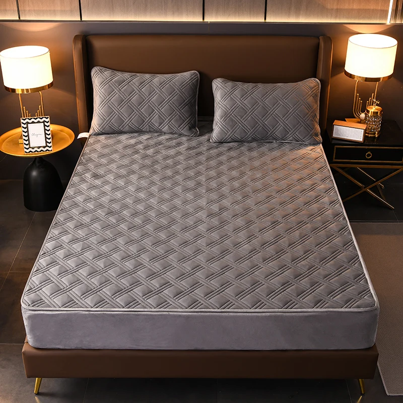 

Sheets Velvet Thicken Quilted Linens Solid Color Quilted Bed Fitted Sheet Queen King Double Bed Cover Not Including Pillowcase