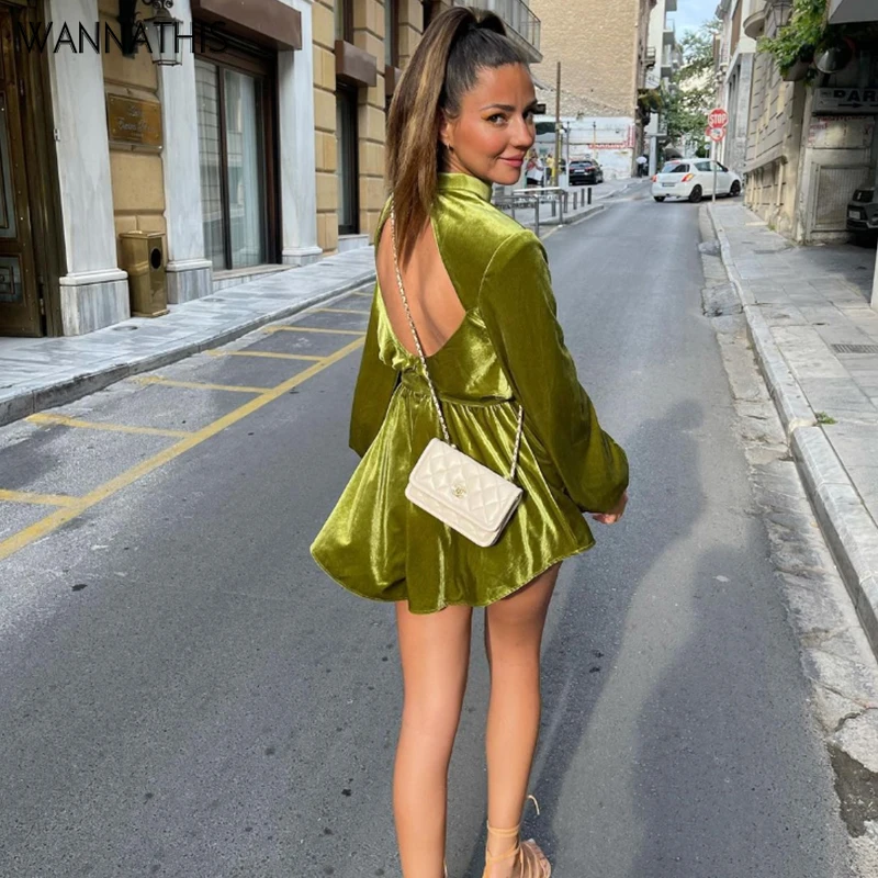 WannaThis Открытое сексуальное женское мини платье с высоким воротом бархатное