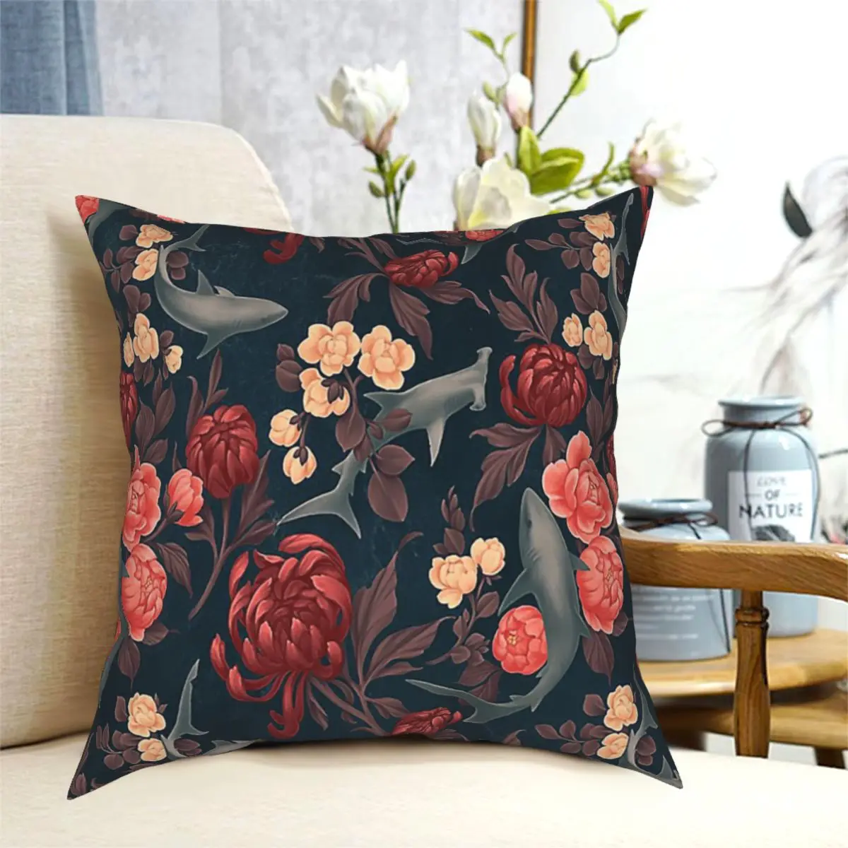 

Blue And Turquoise Botanical Shark (Red And Blue) Floor Pillow Cover Decorative Pillowcases Case Home Sofa Cushions