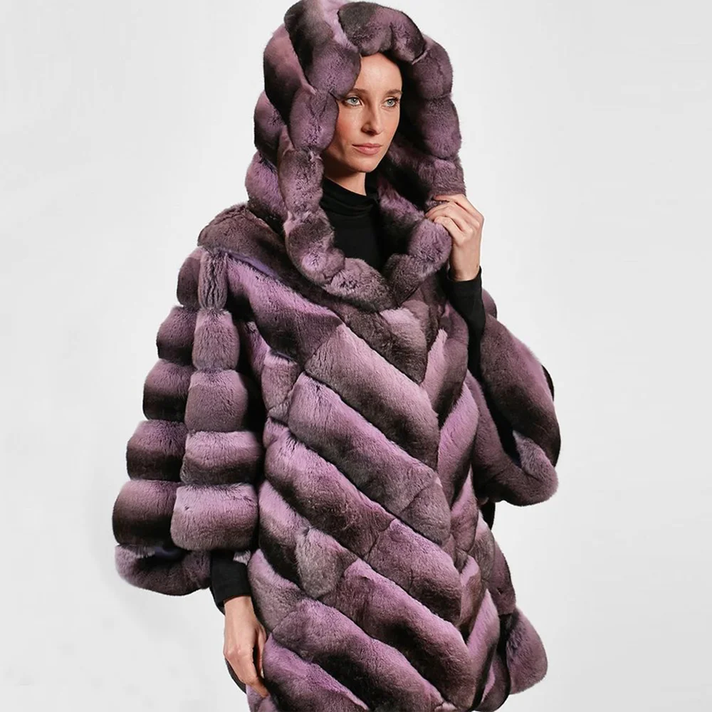 Fashion Women Real Rex Rabbit Fur Coat with Hood Thick Warm Fur Overcoats Winter Trendy Genuine Rex Rabbit Fur Coats Outwear enlarge