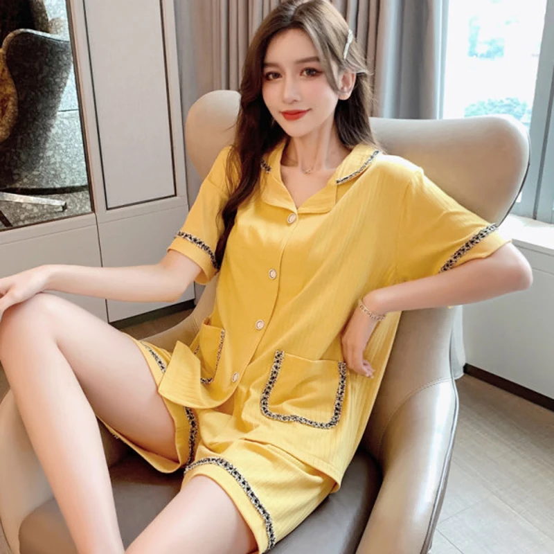 

New Summer Women Pajamas Set Solid Color Cotton Casual Pyjamas Sexy Lace Girls Shirts+Shorts Leisure Sleepwear Soft Home Suit