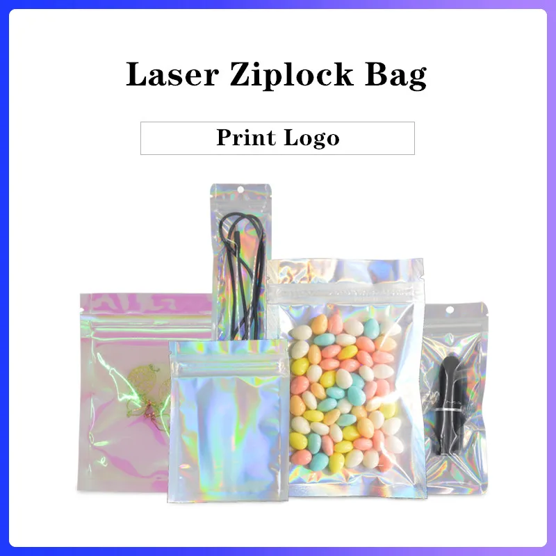 

100PCS Pink Iridescent Hologram Aluminum Foil Transparent Laser Zip Lock Gift Bags Plastic Pouch Jewelry Cosmetic Packaging Bag