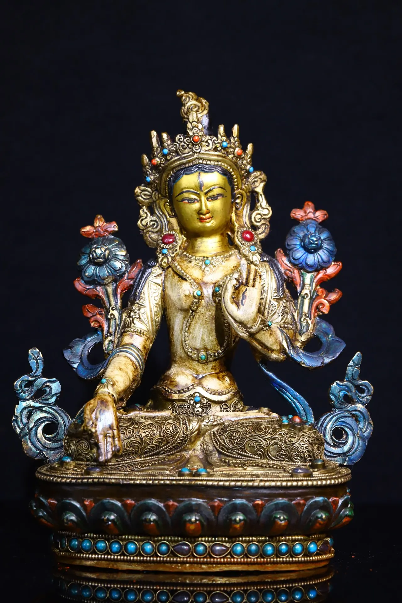 

9" Tibetan Temple Collection Old Tibetan silver Gilt outline in gold mosaic gem Seven-eyed white Tara Bodhisattva Sitting Buddha