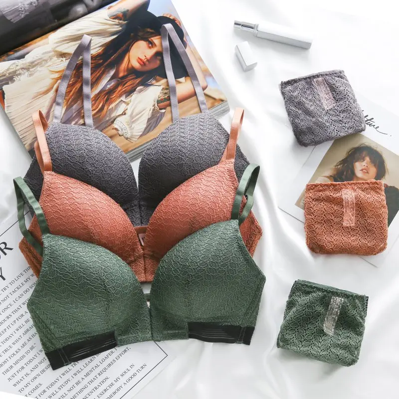 

Sexy Ladies Lace Decorate Bra Briefs Set Front Closure Push Up Bras Lace Hollow Seamless Panties Lingerie Underwear Set