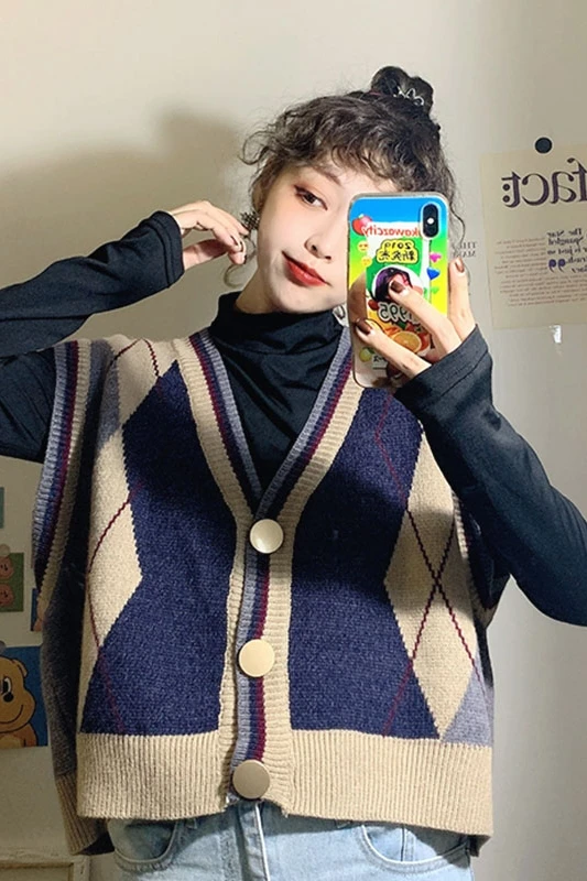 

Spring And Autumn Vintage Sweater Cardigan Sleeveless Coat Loose Waistband Knitted Vest For Women's And Females All Match Style