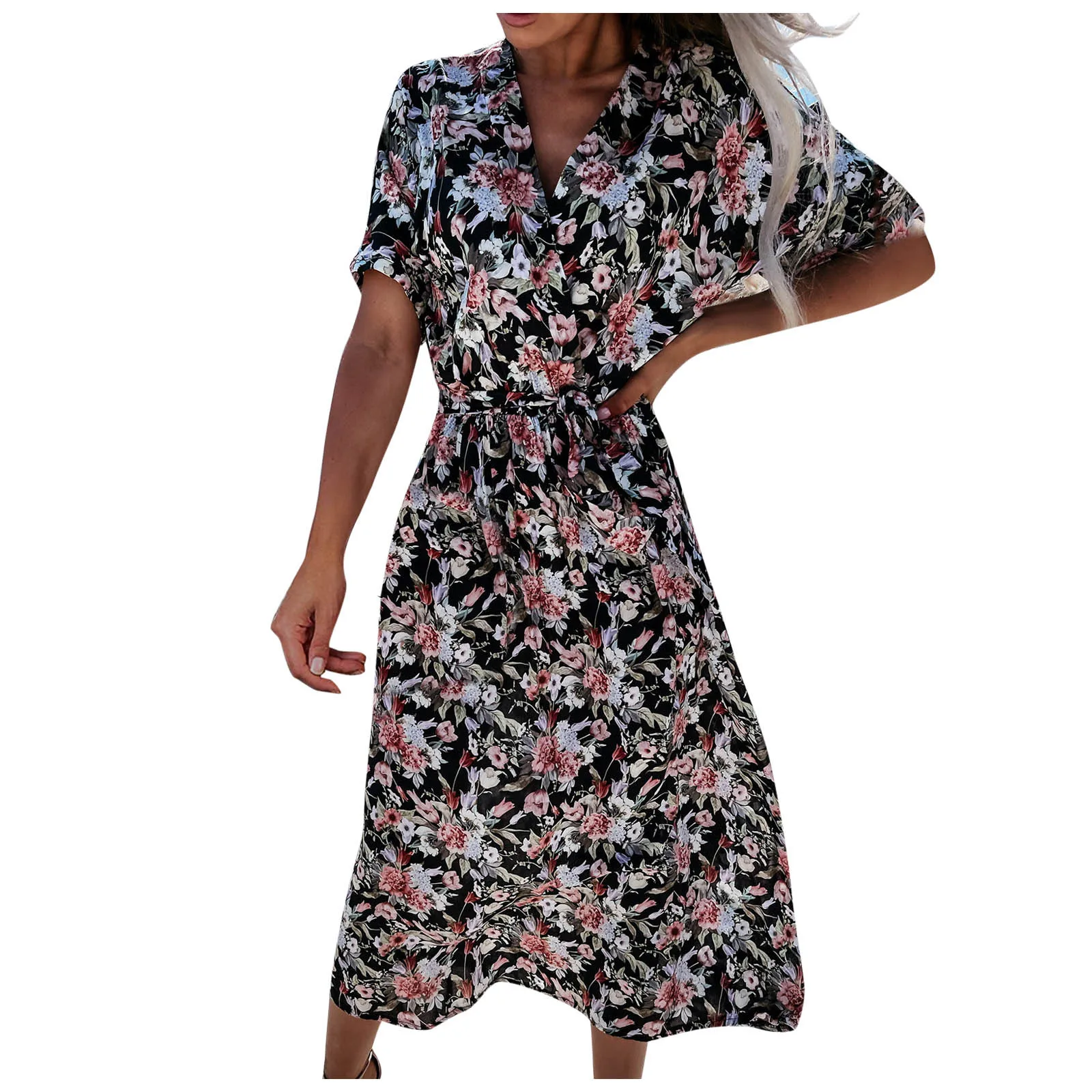 

Women's Summer beach dress Fashion V-neck Waistband Printed Large-Length Midi Dress Midi Dresses Party Bodycon clothes robes