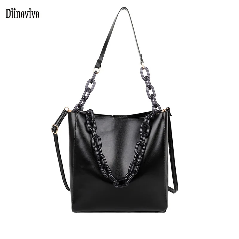 

Diinovivo Vintage Women Bucket Bag Thick Chain Design Shoulder Bags PU Leather Female Crossbody Bag Solid Black Handbag WHDV1786