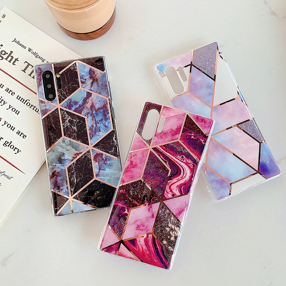 Geometric Marble Square Phone Case For Samsung Note 10 Pro A90 5G A50 S8 S9 Plus Soft IMD Glitter Cover | Мобильные телефоны и
