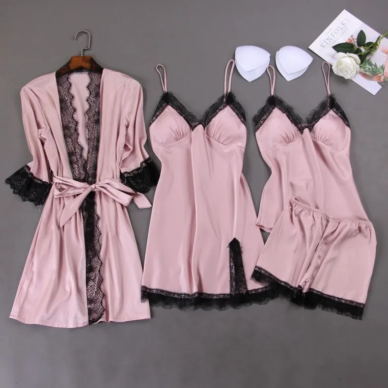 

Women Pajamas Sets Ladies Satin Sleepwear Silk 4 Pieces Nightwear Pyjama Spaghetti Strap Lace Lounge Sets Pijama With Chest Pad