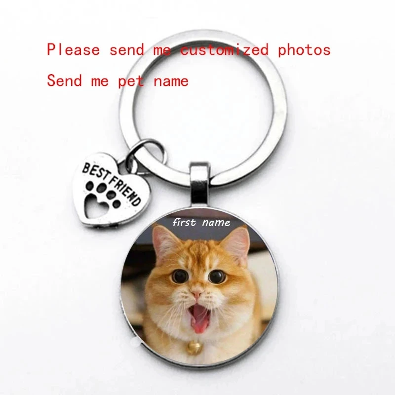 

Cat Name Custom Diy Pet Cat Photo Fashion Keychain I Love Cat Glass Crystal Pendant Mini Heart-Shaped Keychain Car Key Favorite