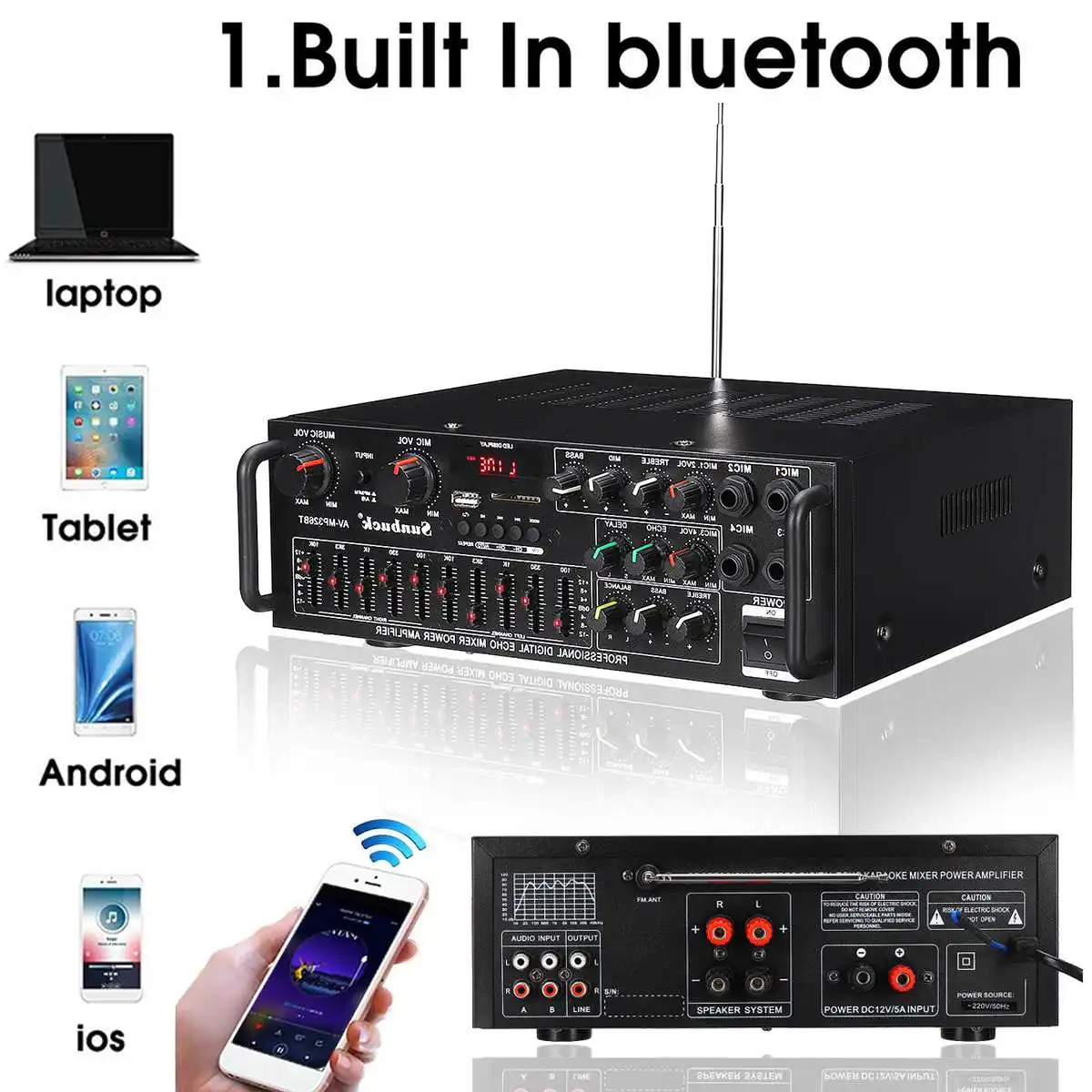 SUNBUCK 2000W 2CH 4ohm bluetooth Stereo Amplifier Wireless Hifi Audio Power Home Karaoke Car Amp USB EQ 4 MIC |