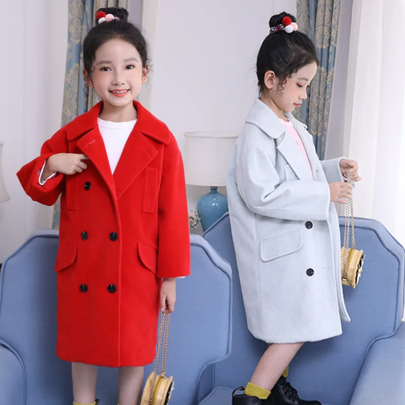 

Girls Baby's Kids Wool Coat Jacket 2021 Solid Warm Thicken Plus Velvet Winter Autumn Buttons Long Style Children's Clothes