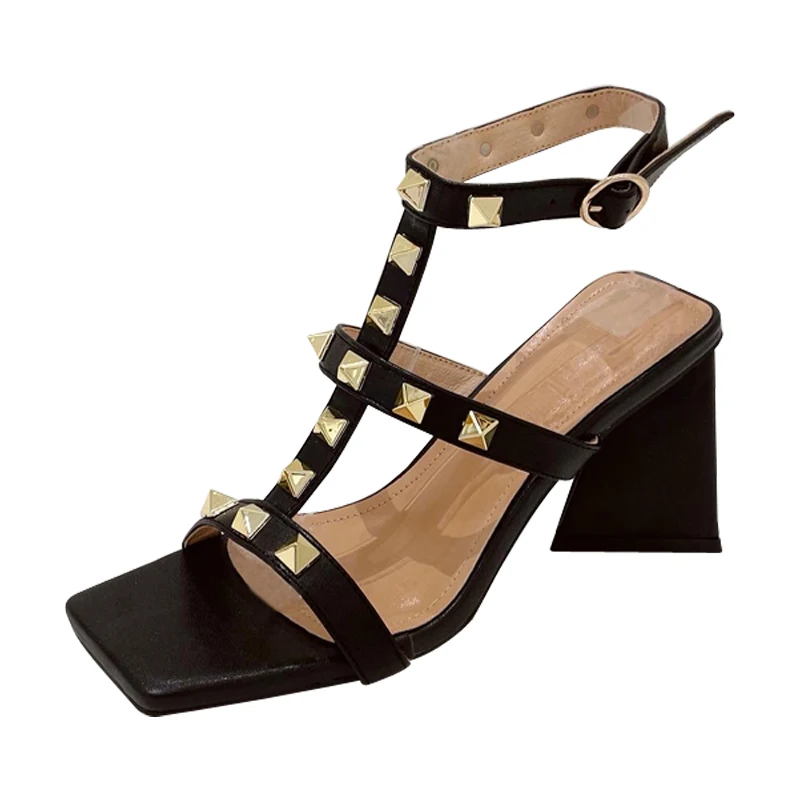 

Women's Sandals New Narrow Band High Heels Rivet Design Square Toe Block Heel Sandals Summer Ladies Shoes Roman Shoes