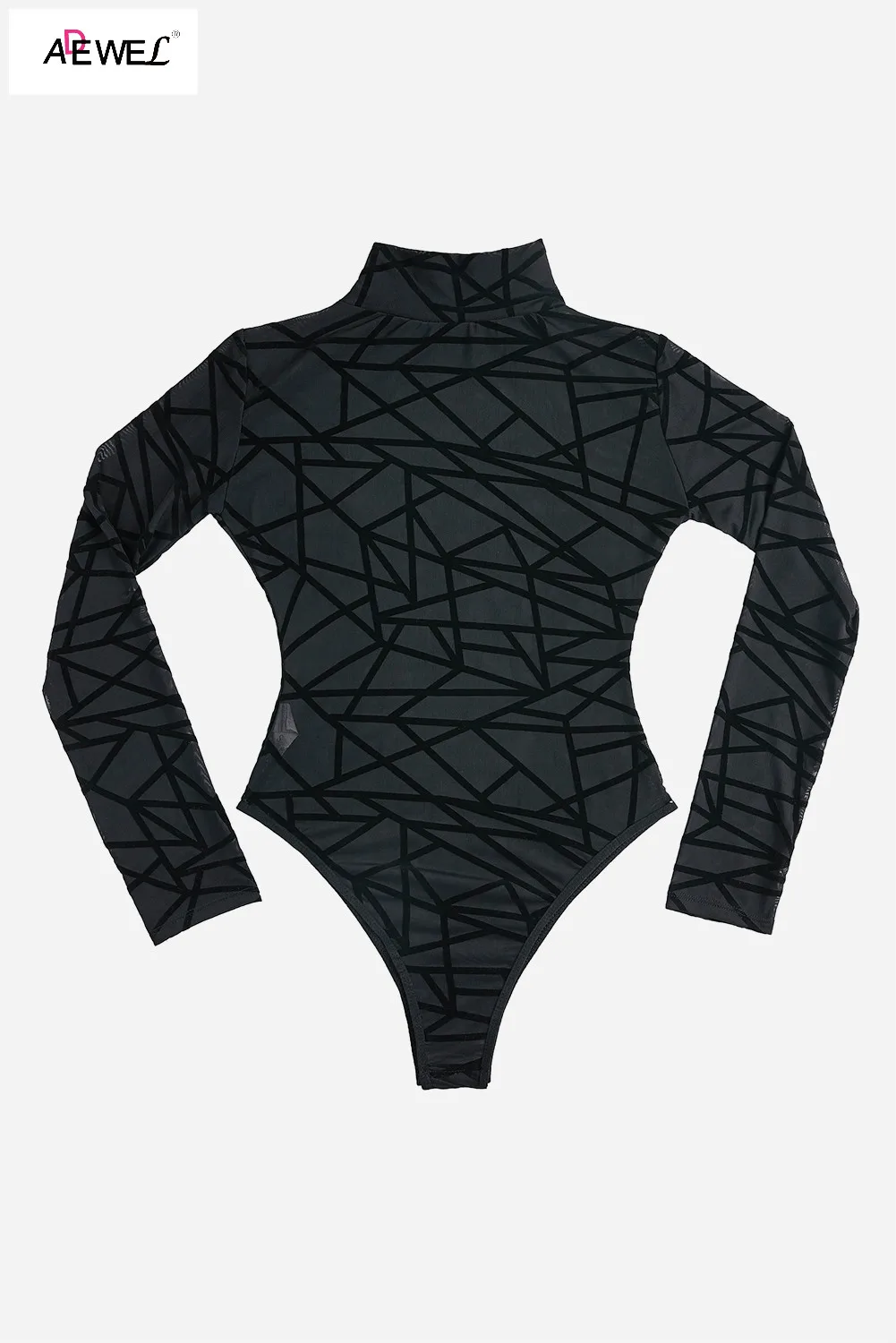 Боди женское весеннее черное с высоким воротником и геометрическим узором