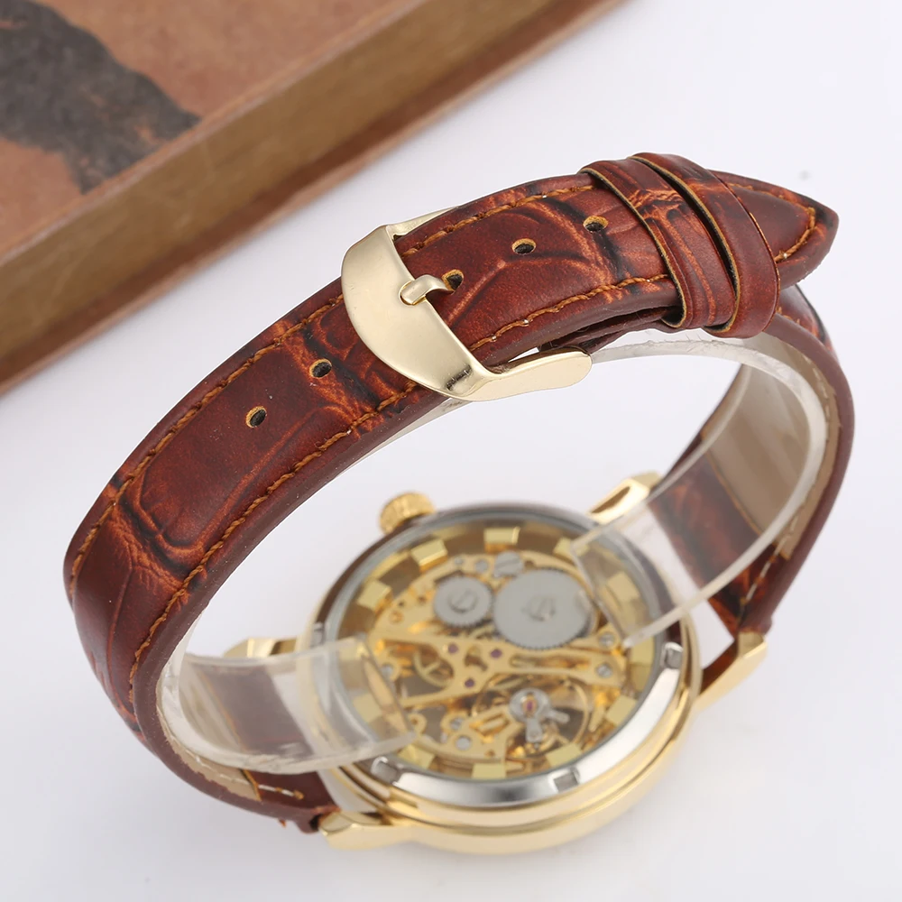 

Luxury Men Watches Fashion Gold Skeleton Watches Men Mechanical Hand Wind Watches Men Leather Strap Casual Men Wristwatches GOER