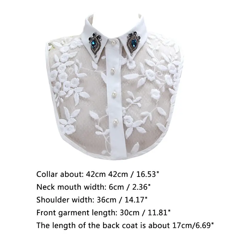 

New Women Faux Crystal Lapel Detachable Half-Shirt Imitation Pearls Lace Fake Collar