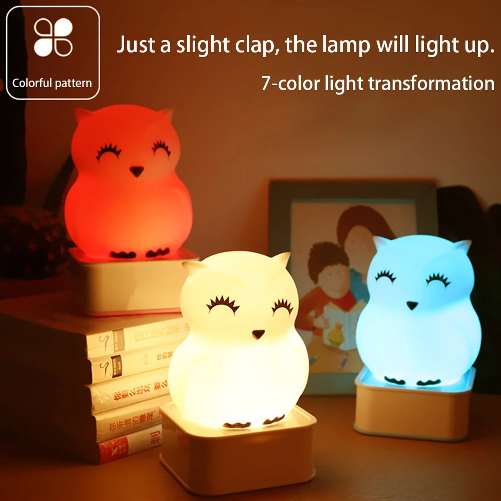 

Bedside Lamp Vinyl Cute Safe Multicolor USB Rechargeable LED Night Light Gift Pat Bedroom Owl Shape Touch Sensor For Baby Soft