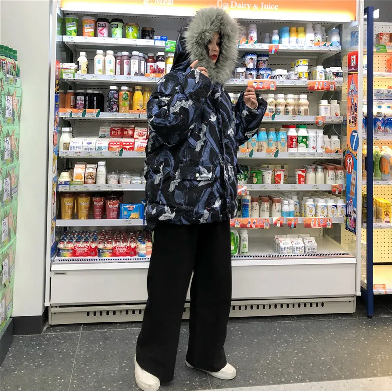 Woherb Harajuku куртки зимняя женская стеганая парка винтажный кран печати свободная японская стеганая куртка с капюшоном Femme Chaqueta Mujer