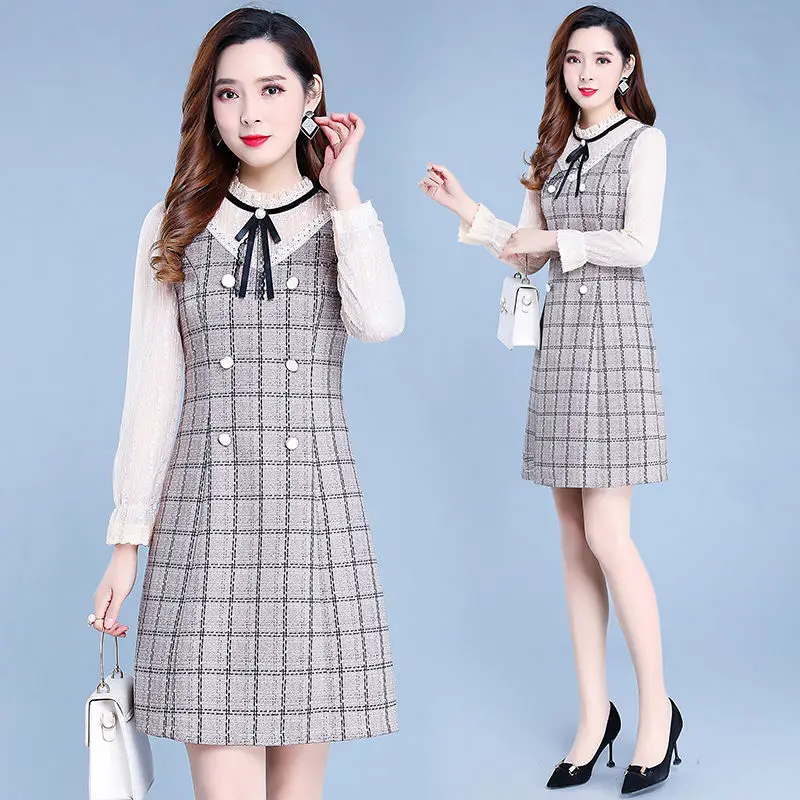 

Spring Autumn Women Dresses 2021New Lace Ruffled Collar Stitching Long-Sleeved Fake Two-Piece Lady Office Dress Party Vestidos