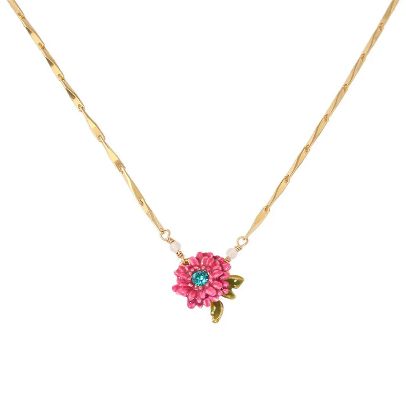 

European and American Fashion Magical Plant Series Colorful Daisy Flower Necklace Green Leaf Clavicle Chain Handmade Accessories